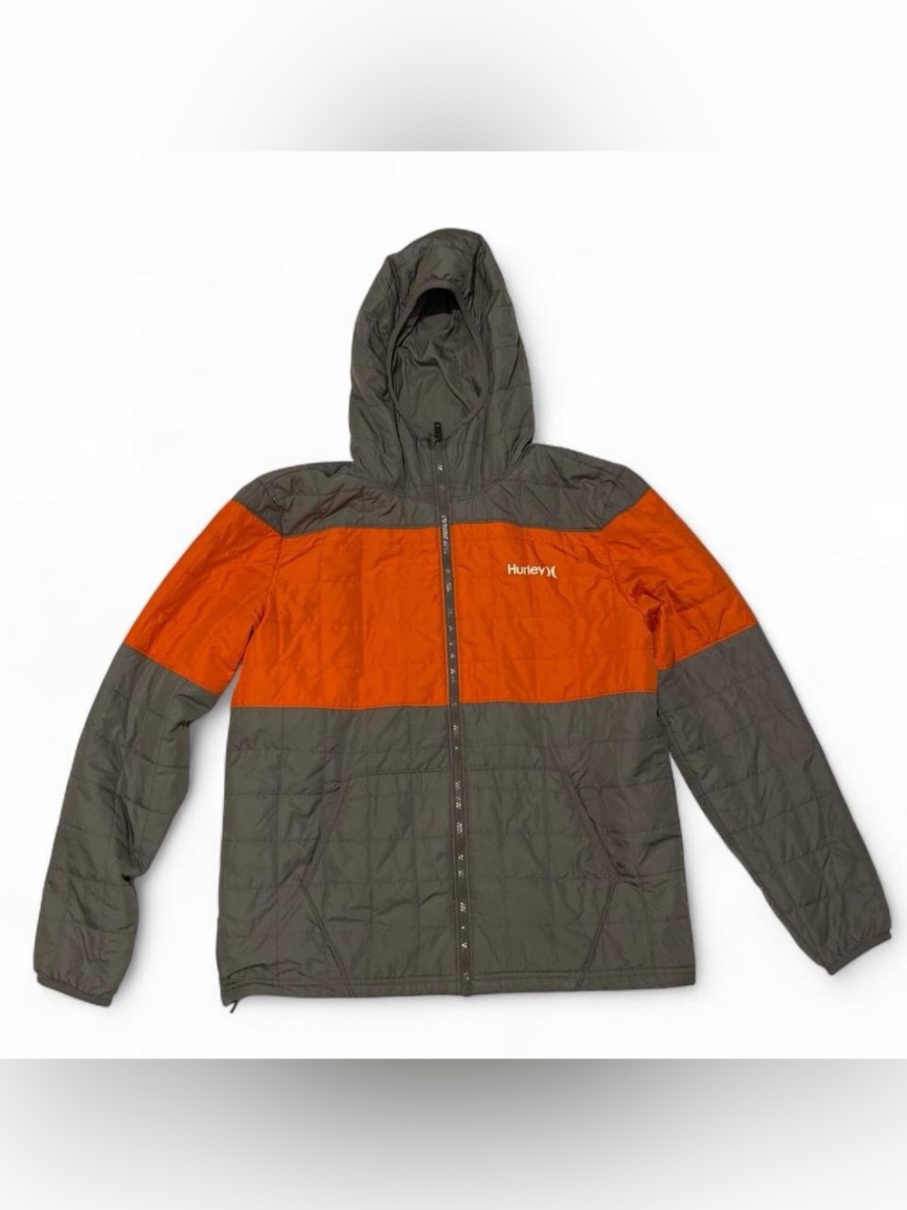 Hurley Men's Hooded Puffer Jacket in Orange & Gray